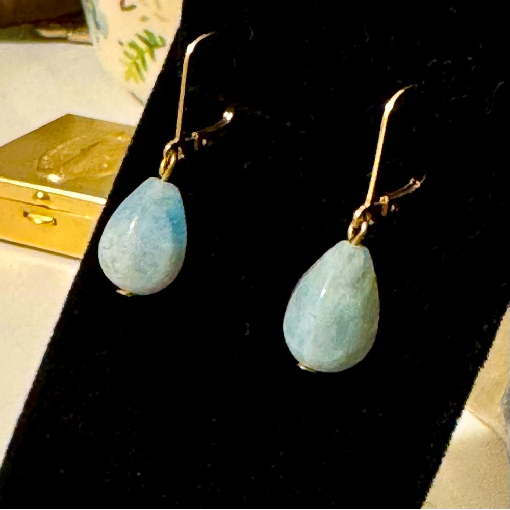 Blue Chalcedony and Gold Leaver Back Drop Dangle Earrings Natural Stones - Picture 1 of 7